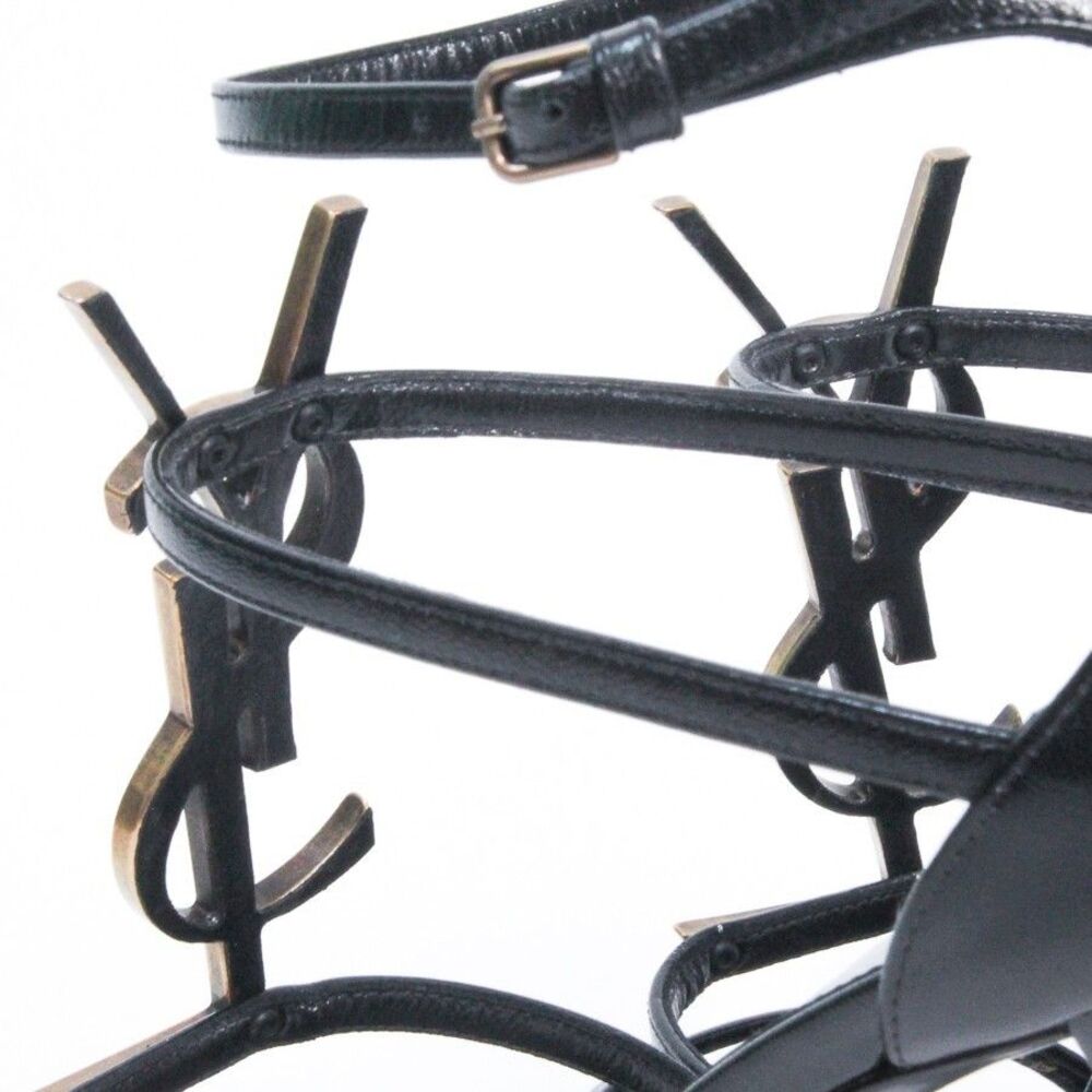 Saint Laurent Cassandra Sandals Black Leather Gold YSL Monogram Logo Heels 39 - Picture 12 of 15